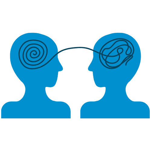 Two heads. One has swirly lines and one has tangled lines. The lines are connected in the middle